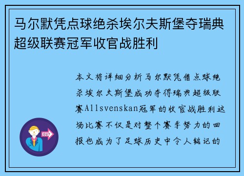 马尔默凭点球绝杀埃尔夫斯堡夺瑞典超级联赛冠军收官战胜利